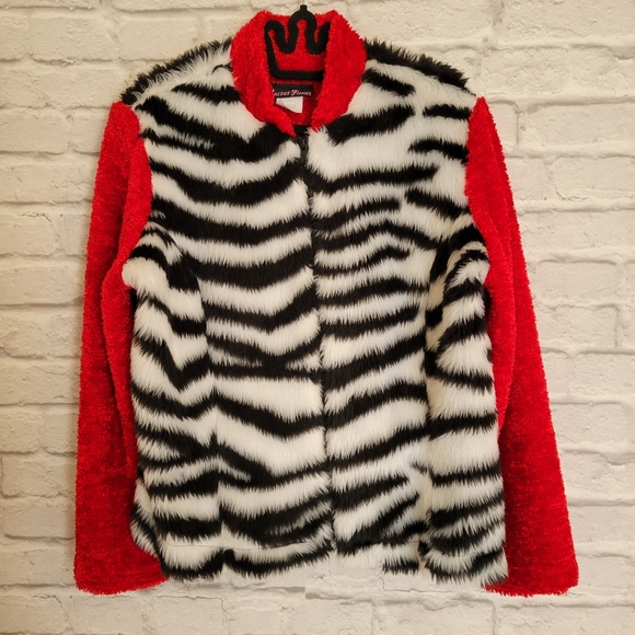 Cactus Flower red black and white zebra print fleece faux fur jacket size xl - Picture 3 of 10